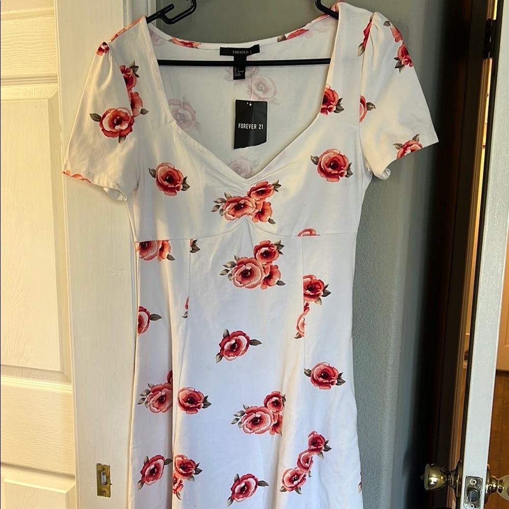 Forever 21 White Dress with Red Floral Print